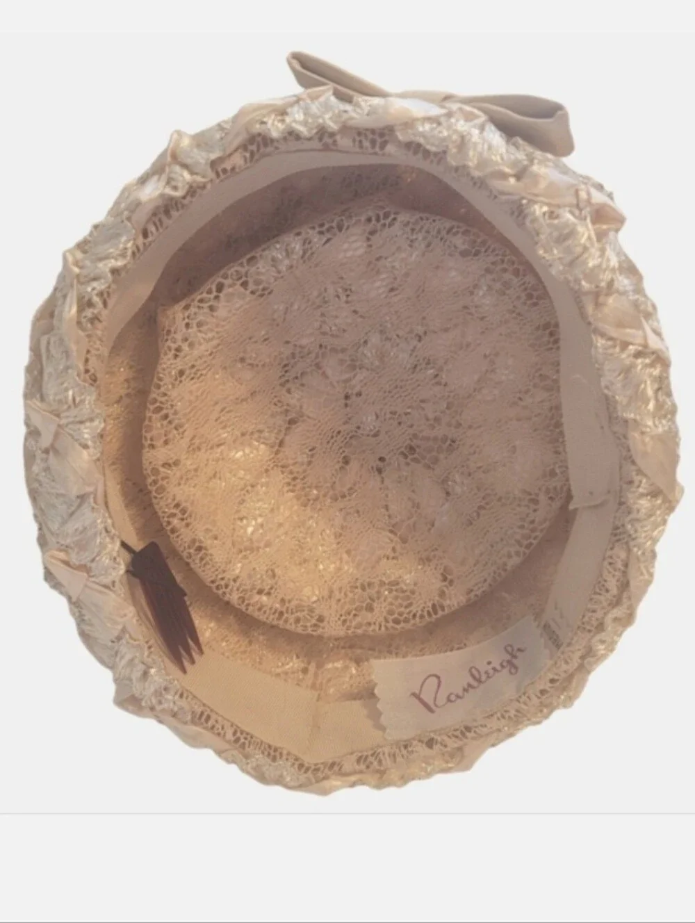 Vintage Pill Box Hat Champagne Ivory Lace & Satin Ranleigh Brand Size Medium - Picture 10 of 11
